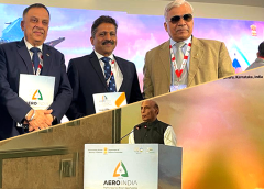 Pic caption - From Left - Cmde Rakesh Anand (Retd.), Head of Marine Division, Crown Group Defence, Commodore PR Hari, Chairman & Managing Director, Garden Reach Shipbuilders & Engineers & Vice Adm Paras Nath (Retd) AVSM, VSM, Group President, Crown Group Defence, at the MoU signing ceremony between GRSE & DSPL in the Bandhan ceremony at Aero India in presence of Defence Minister Shri Rajnath Singh.