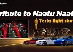 Tesla Car Light Show dedicated to the Oscar winning song Naatu Naatu from RRR in Edison City, New Jersey under North American Seema Andhra Association NASAA and People Media Factory with idea conceptualized and excuted by Vamsi Koppuravuri
