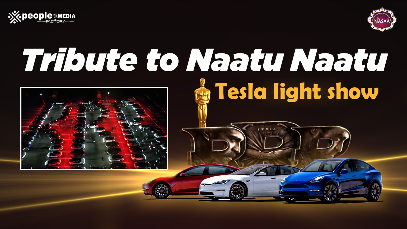 Tesla Car Light Show dedicated to the Oscar winning song Naatu Naatu from RRR in Edison City, New Jersey under North American Seema Andhra Association NASAA and People Media Factory with idea conceptualized and excuted by Vamsi Koppuravuri