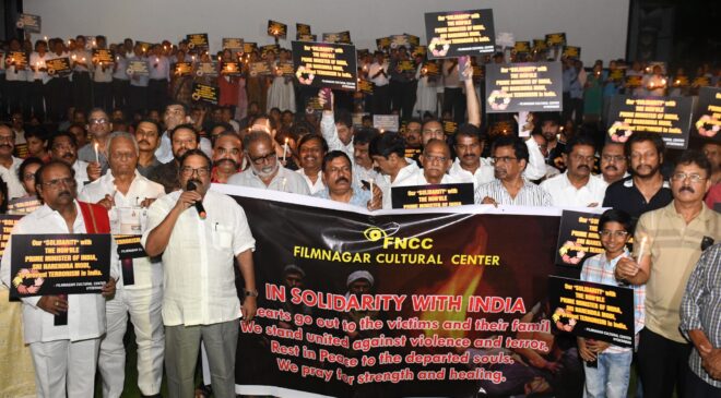 Candlelight rally at Filmnagar Cultural Centre (FNCC) condemning the Pahalgam terror attack and expressing solidarity with the families of the deceased