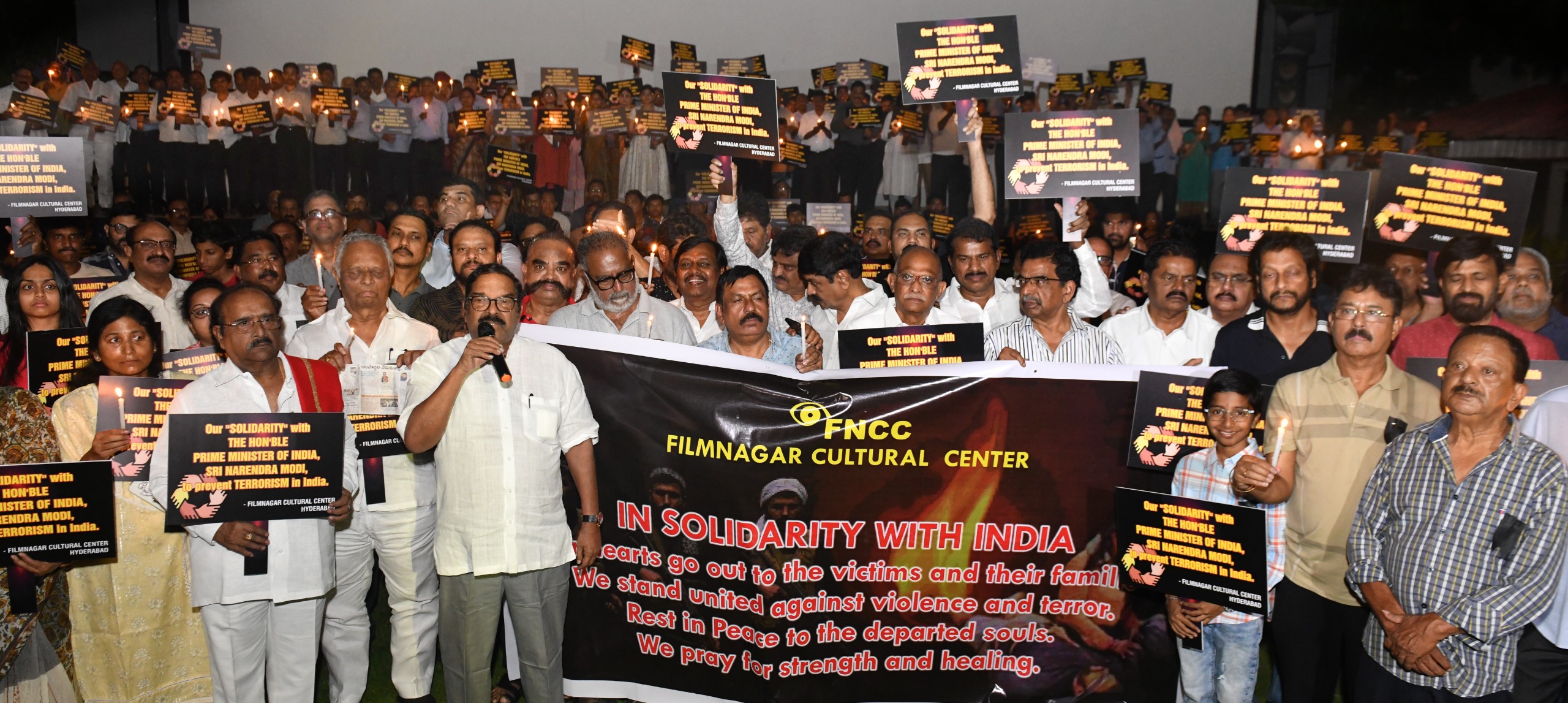 Candlelight rally at Filmnagar Cultural Centre (FNCC) condemning the Pahalgam terror attack and expressing solidarity with the families of the deceased
