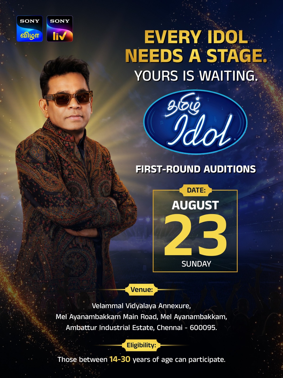 *Super Judge A.R. Rahman Announces First Auditions for Tamil Idol: Sony VIZHA and Sony LIV Kick Off Search for Tamil Nadu’s Next Singing Sensation*