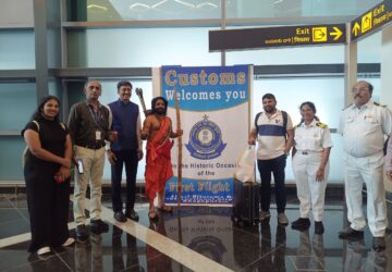 'Manyam Dheerudu' hero R.V.V. Satyanarayana accorded a grand welcome to the first passenger at Bhogapuram International Airport.